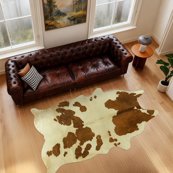 SARAG Faux Yellow-White Speckled Cowhide Rug for Living Room & Bedroom, Christmas Gift, 5 x 6.2ft