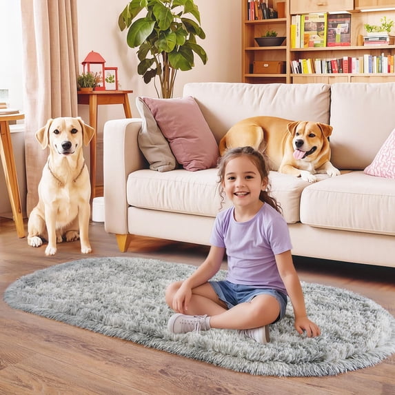 SARAG Fluffy Bedroom Rug, Small Oval Area Rugs, Gray tie-dye Shag Bedside Carpet for Kids Room Nursery Dorm Cute Fuzzy Indoor Decor for Boy and Girl, 2.6 x 5.3 Feet
