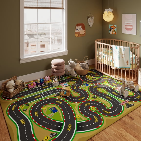 SARAG Kids' Car Track Rug Play Area Rug Ideal for Playrooms, Bedrooms, Nurseries 4x5ft Green