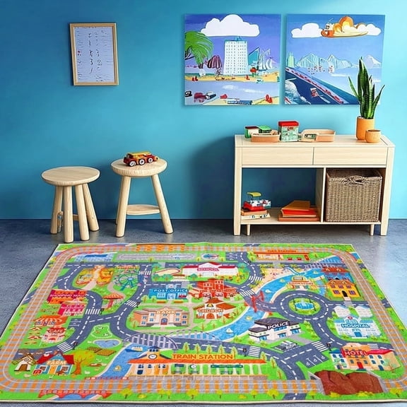 SARAG Kids Carpet Playmat Rug Children'S Town Square Rug Non-Slip Backing 4x5ft Game Area For Baby Toddler Kid Child Educational Learn Road Traffic In Bedroom, Classroom