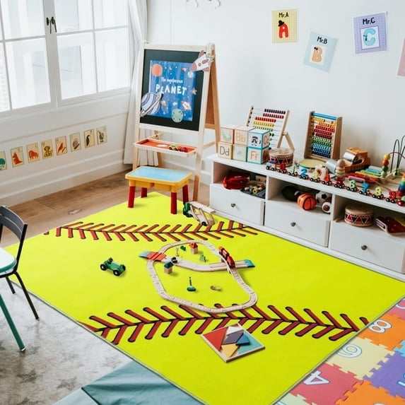 SARAG Kids Carpet Playmat Rug Softball Square Rug Softball Gifts For Softballs Lovers, Kids Toddlers Sport Softball Rug, Indoor Floor Boys Room Decor Carpet For Living Room Nursery Room 4x5ft