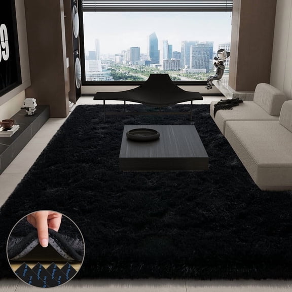 SARAG Large Area Rug For Living Room 10x14ft, Black Fuzzy Modern Shag Rug, Fluffy Plush Non Slip Soft Furry Carpet For Bedroom Kids Room Nursery Teens Dorm Home Decor