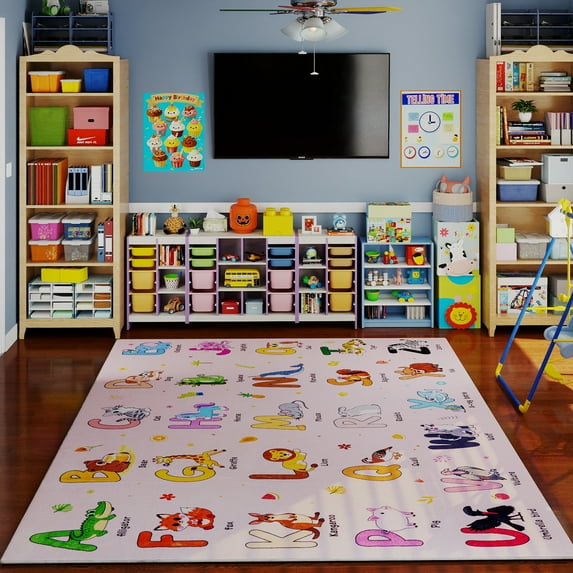 SARAG Pink ABC Animal Children's Rug - Nursery/Bedroom Educational Alphabet Play Mat, Soft Non-Slip Baby/Toddler Rug 5'x7'