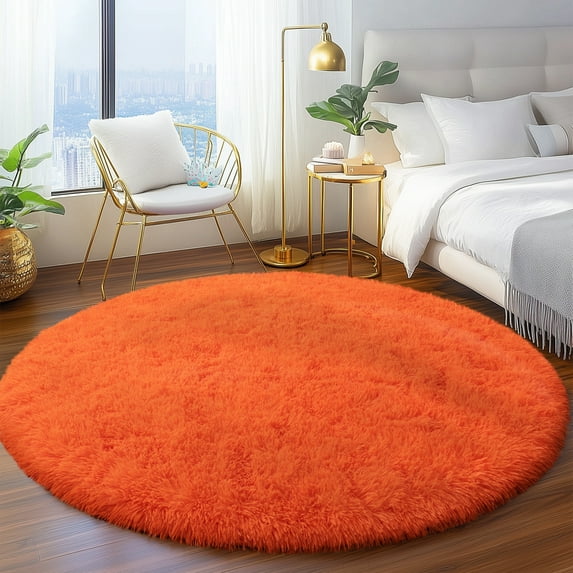 SARAG Round Area Rugs 5'x5' Fluffy Circle Rugs for Baby Nursery Non-slip Carpetfor Children Kids Room, Orange