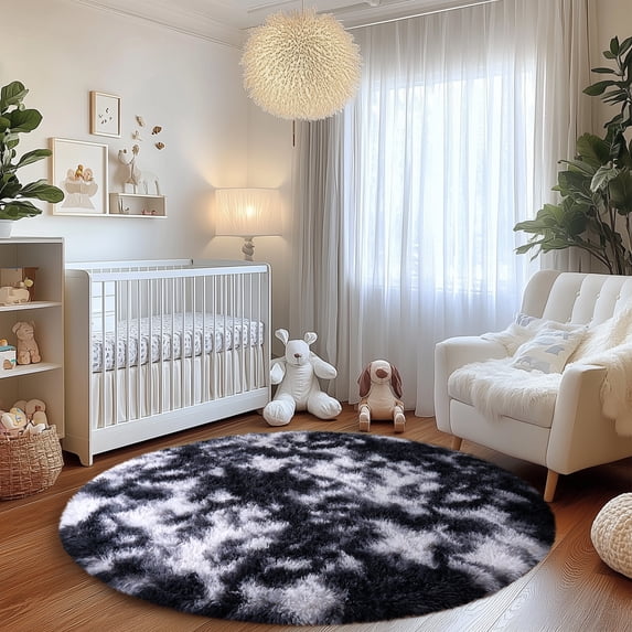 SARAG Soft Fluffy Round Area Rugs for Bedroom Kids Room Plush Shaggy Nursery Rug Furry Throw Carpets for Boys Girls, College Dorm, 6x6ft Tie-dye Black and White