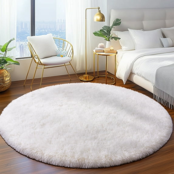 SARAG Soft Fluffy Round Area Rugs for Bedroom Kids Room Plush Shaggy Nursery Rug Furry Throw Carpets for Boys Girls, College Dorm, 5x5ft Cream White