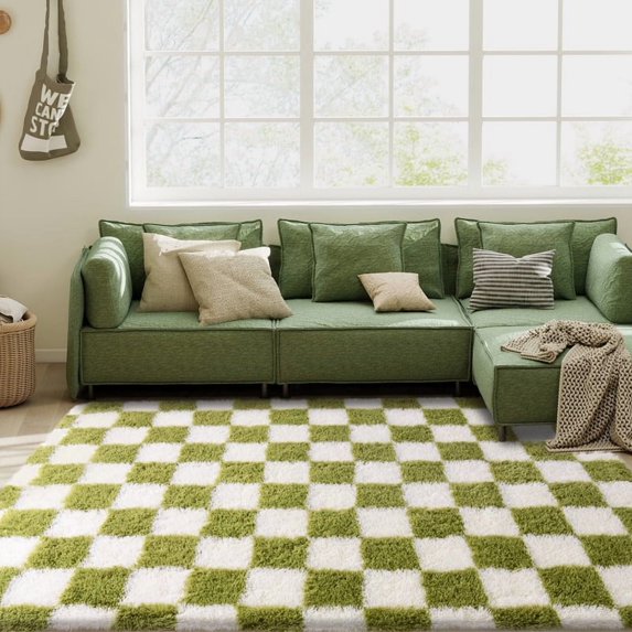 SARAG Soft Rugs For Living Room, 5x7ft Off-White And Green Checkered Fluffy Shaggy Rugs For Indoor Use, Ultra Fuzzy Rug For Bedroom Kids Nursery Rooms,Home Decor Aesthetic