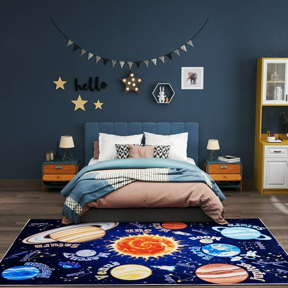 SARAG Solar System Kids Play Rug - Educational Space Theme Carpet for Playroom/Bedroom, Non-Slip Soft Toddler Activity Rug 5'x7'