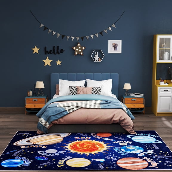 SARAG Solar System Kids Play Rug - Educational Space Theme Carpet for Playroom/Bedroom, Non-Slip Soft Toddler Activity Rug 5'x7'