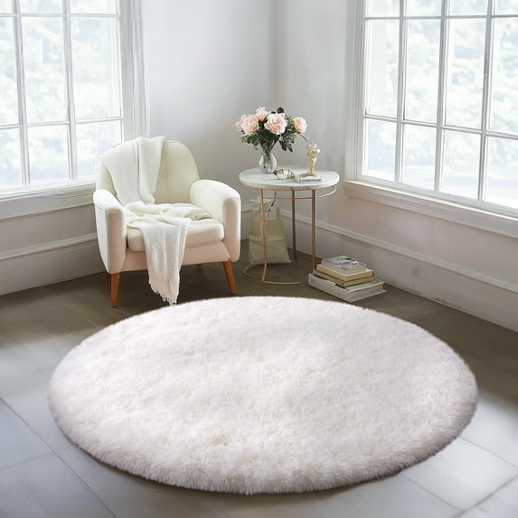 SARAG Super Fluffy Circle Rugs,4x4ft Circle Rug for Living Room Fuzzy Plush Rug for Nursery Room,Cream White