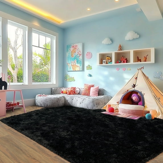 SARAG Super Fluffy Rug for Bedroom,5x7 Modern Plush Throw Rug for Kids Room, Soft and Cozy Plush Carpet for Kids,Girls Boys and Teens Decorations for Living Room Dorm Nursery Classroom,Black