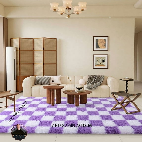 SARAG Super Soft Rug For Bedroom, 5x7ft White And Purple Area Rug Classic Checkered Shaggy Anti-Skid High Pile Soft Fluffy Rug Fuzzy Carpet For Living Room Bedroom Kids Room Nursery, Dorm