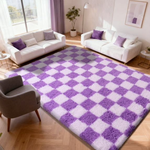 SARAG Super Soft Rug For Bedroom, 6x9ft White And Purple Area Rug Classic Checkered Shaggy Anti-Skid High Pile Soft Fluffy Rug Fuzzy Rug For Living Room Bedroom Kids Room Nursery, Dorm