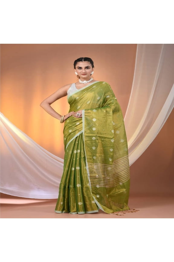 Parrot Green Raga Cotton Tissue Saree with Radiant Golden Finish