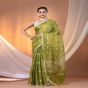 SAREEN Parrot Green Raga Cotton Tissue Saree with Radiant Golden Finish