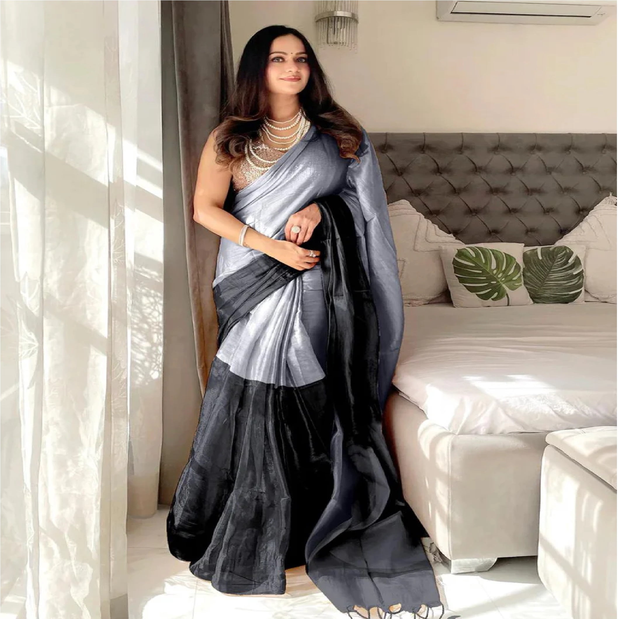 SAREEN Silver & Black Bicolor Raga Tissue Saree – Timeless Luxe Edit ...