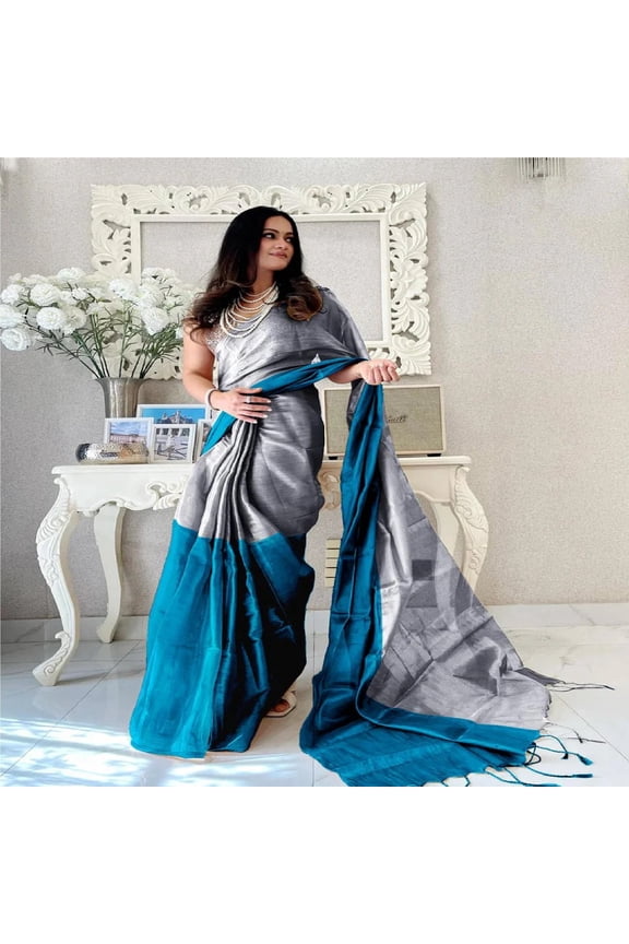Silver & Teal Bicolor Raga Tissue Saree Elegant Festive Luxe