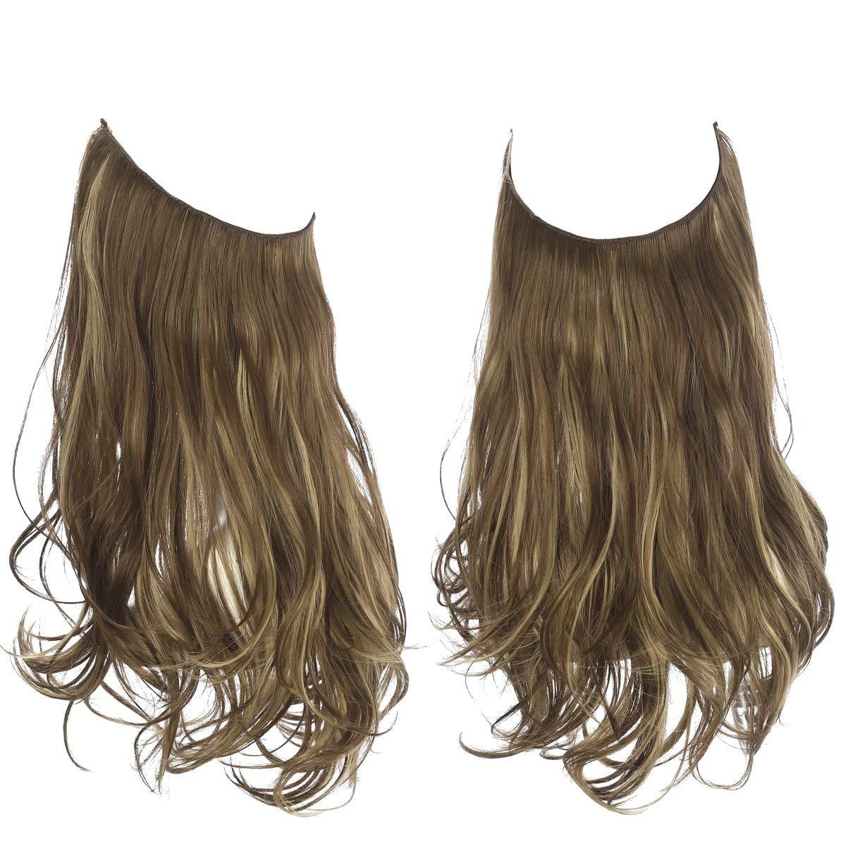 SARLA Hair Extension Halo Medium Brown With Ash Blonde Highlight Curly Short Synthetic Hairpiece 12 Inch 3.5 Oz Hidden Wire Headband for Women Heat Resistant Fiber No Clip (M05&10H24B)