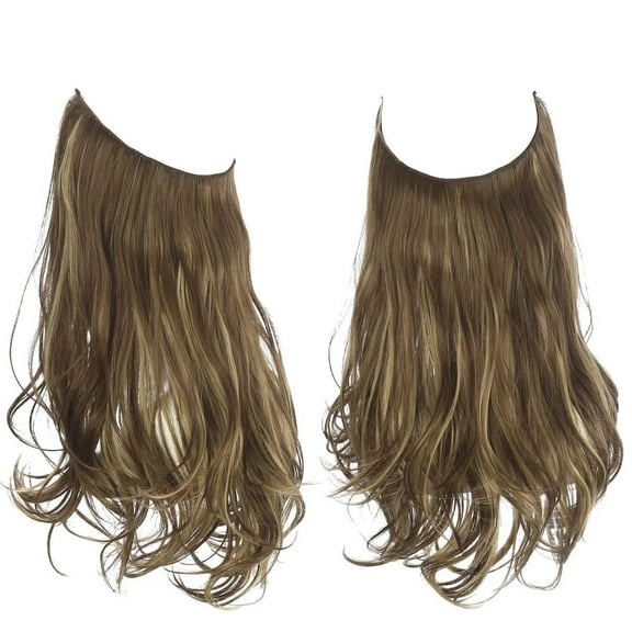 SARLA Hair Extension Halo Medium Brown With Ash Blonde Highlight Curly Short Synthetic Hairpiece 12 Inch 3.5 Oz Hidden Wire Headband for Women Heat Resistant Fiber No Clip (M05&10H24B)