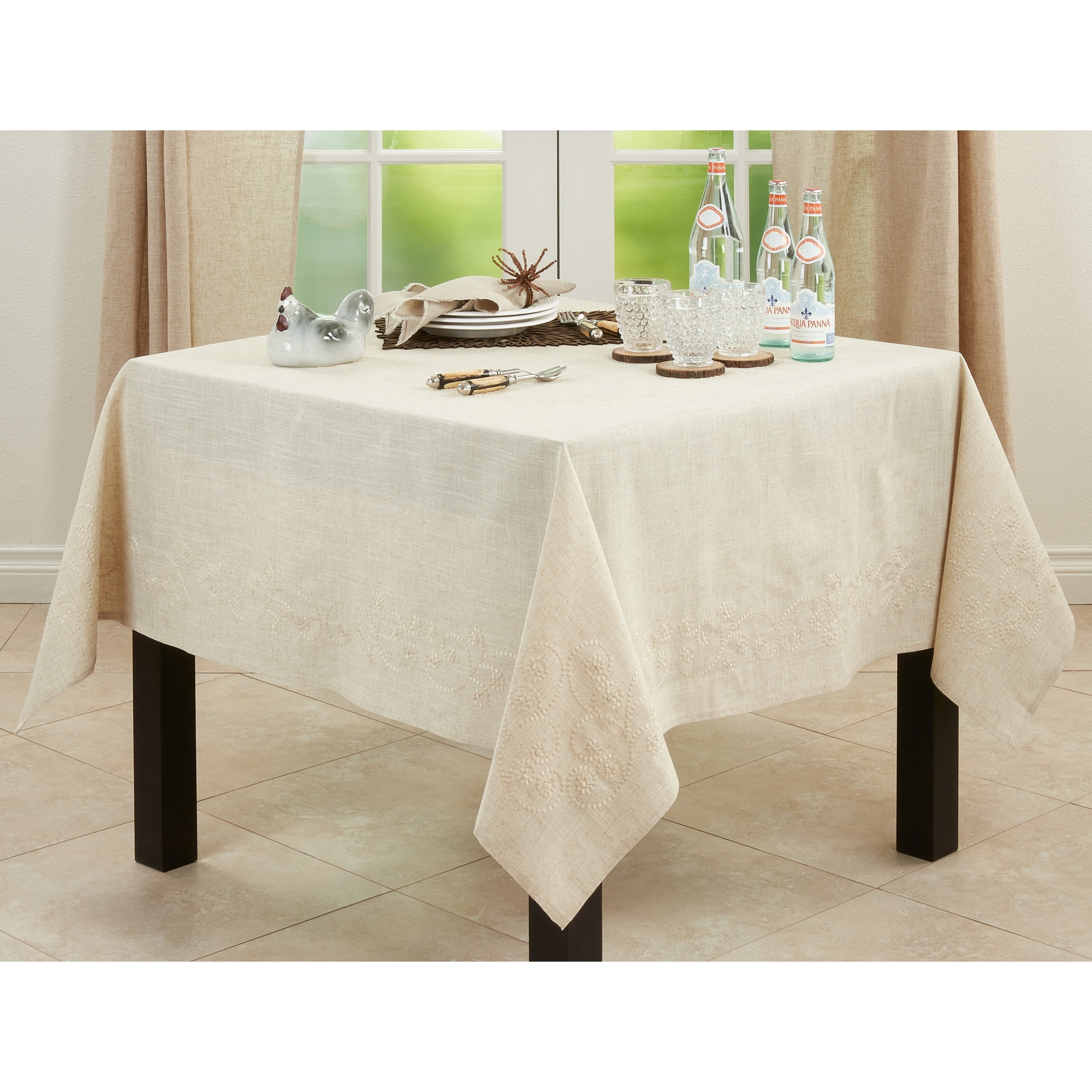 Natural Linen Blend Square Embroidered Tablecloth, 67"