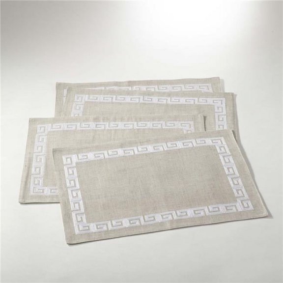 SARO  13 x 19 in. Calypso Rectangular Stitched Greek Key Design Placemat - White  Set of 4