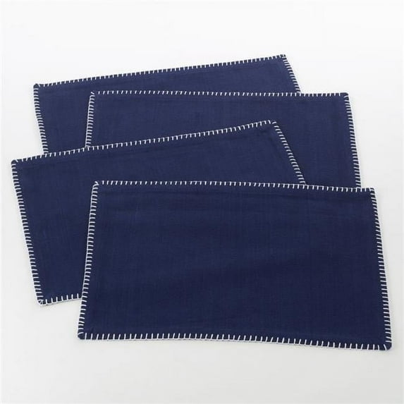 SARO 13 x 19 in. Rectangle Whip Stitched Design Placemat Navy Blue - Set of 4