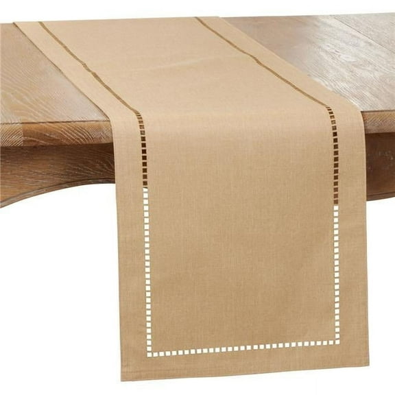 SARO  14 x 90 in. Oblong Natural Laser-Cut Hemstitch Table Runner