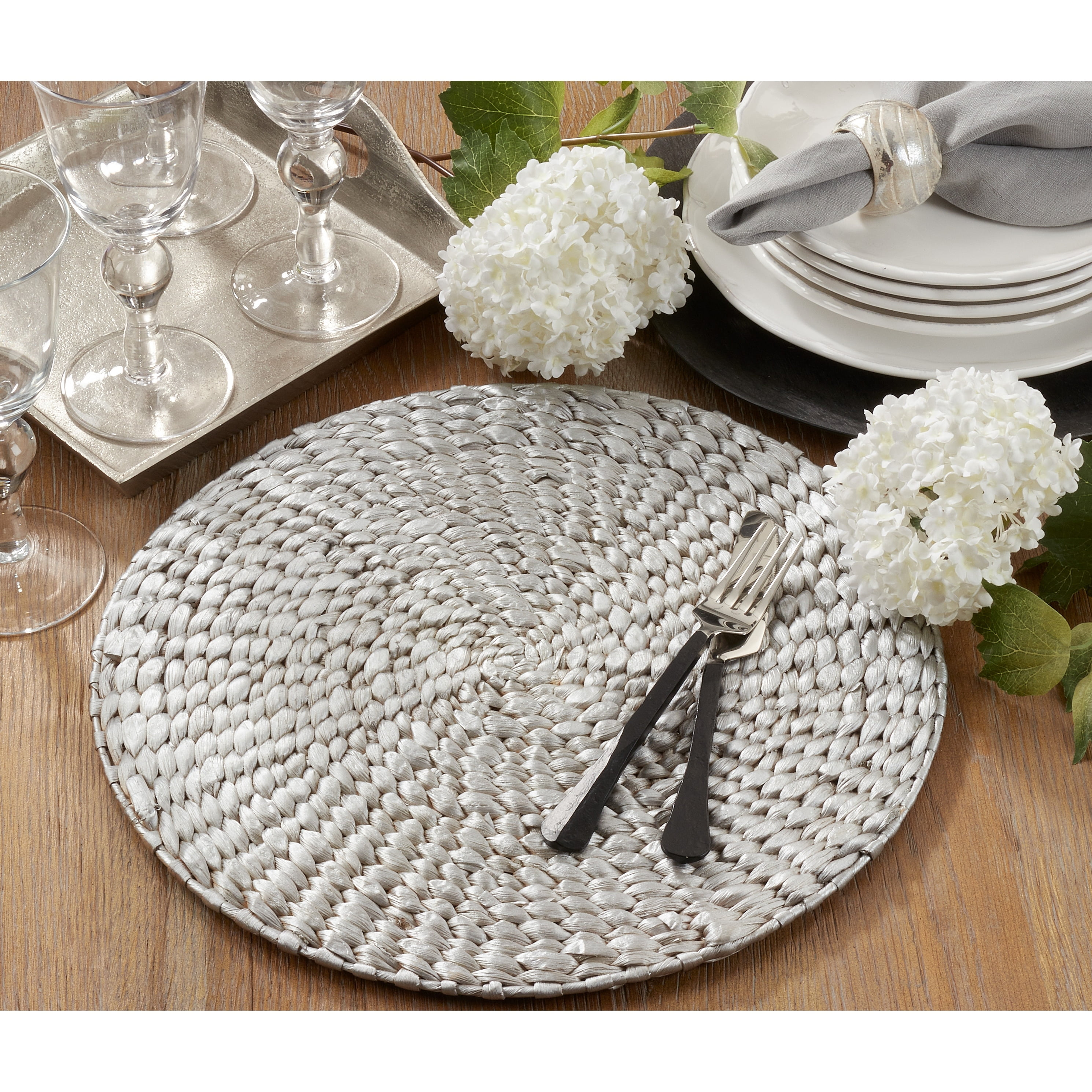Silver Hand Woven Water Hyacinth Round Placemats, Set of 4