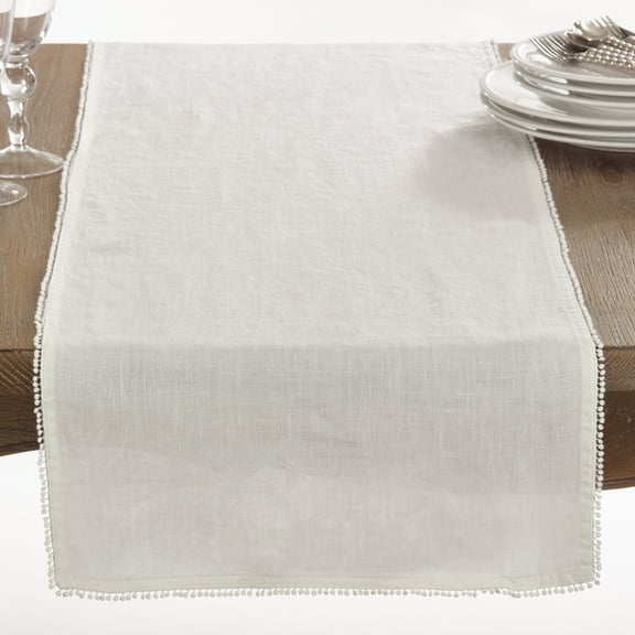SARO 15062.I1672B 16 x 72 in. Rectangle Pompom Design Table Runner  Ivory