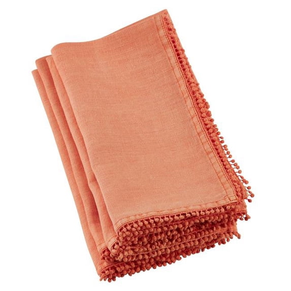SARO 15062.PM20S 20 in. Square Pompom Design Napkin Pumpkin - Set of 4