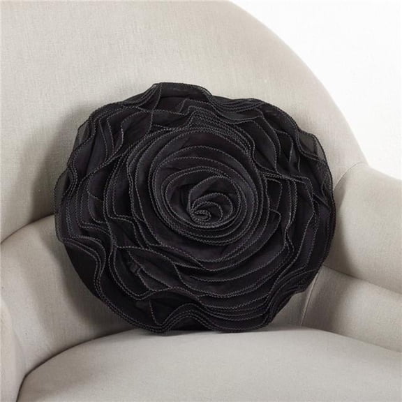 SARO 16 in. Round Rose Design Poly Filled Pillow - Black