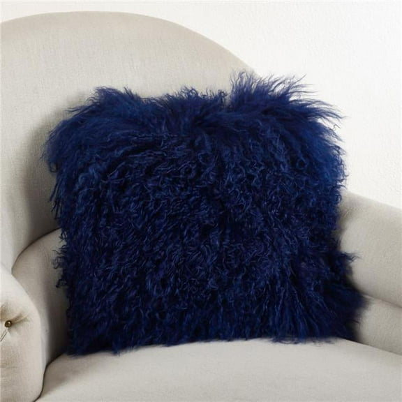 SARO  16 in. Square Wool Mongolian Lamb Fur Throw Pillow  Cobalt Blue