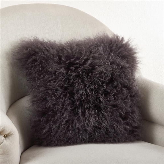 SARO 16 in. Square Wool Mongolian Lamb Fur Throw Pillow Grey