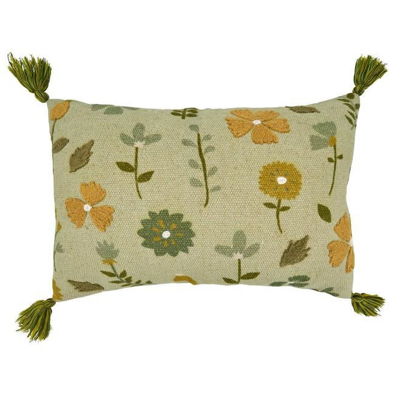 Green Embroidered Floral Cotton Throw Pillow with Tassels