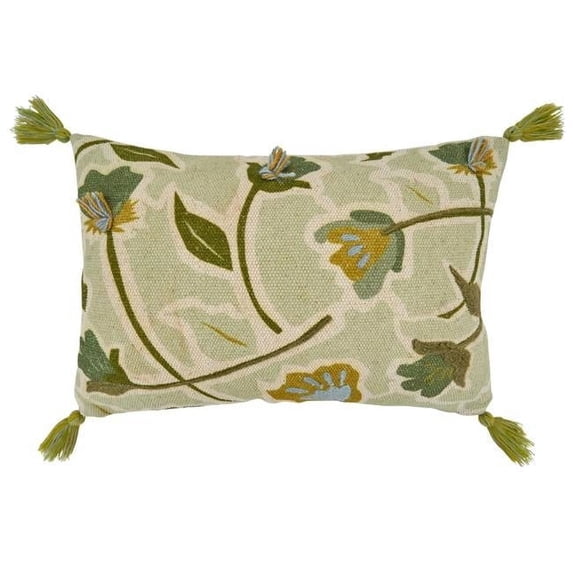 SARO 16 x 24 in. Oblong Throw Pillow Cover with Green Embroidered Large Floral Design
