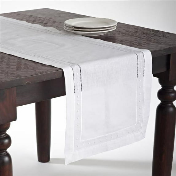 SARO 16 x 45 in. Swiss Dot Rectangle Embroidered & Hemstitched Table Runner - White