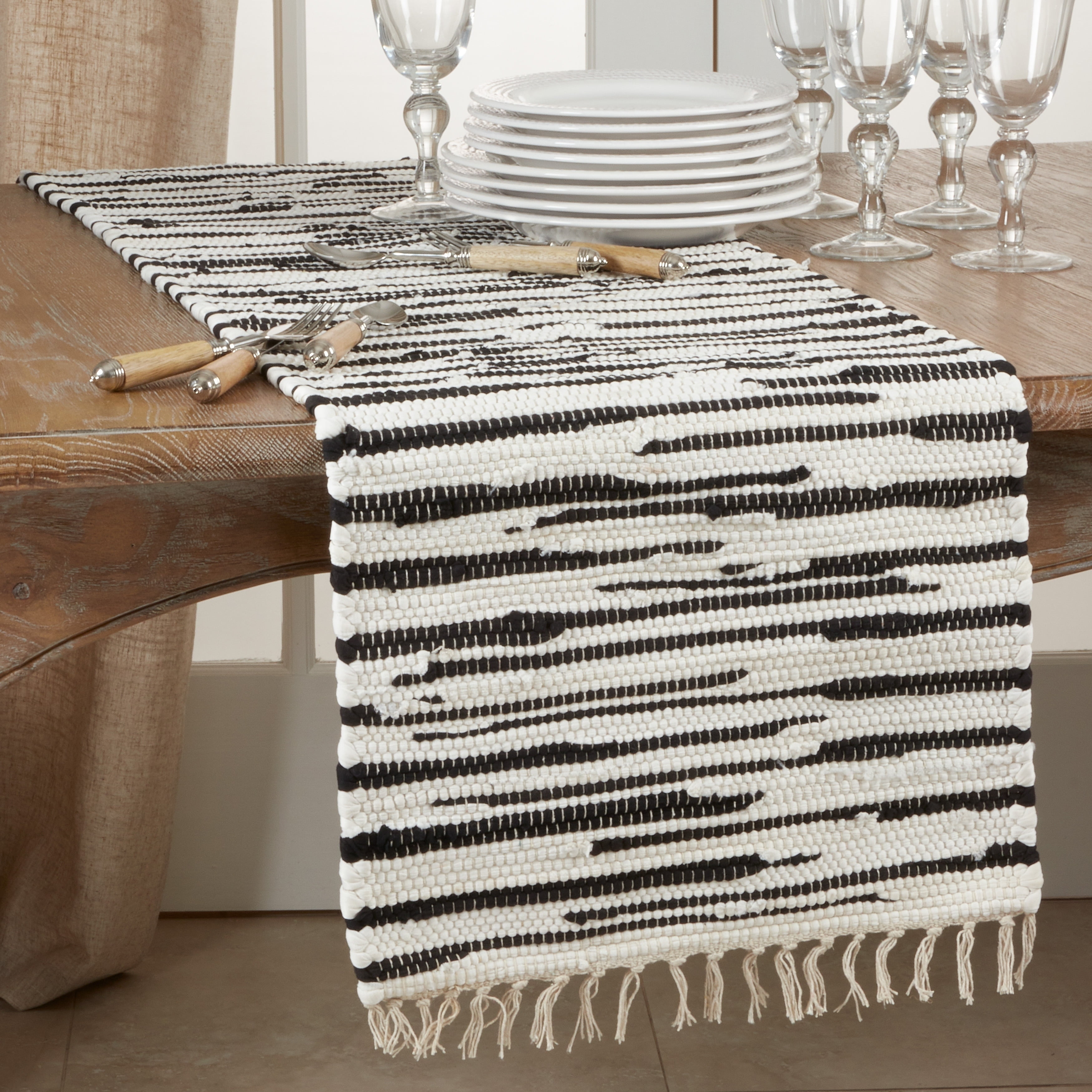 72" Black and White Cotton Zebra Chindi Table Runner with Fringe