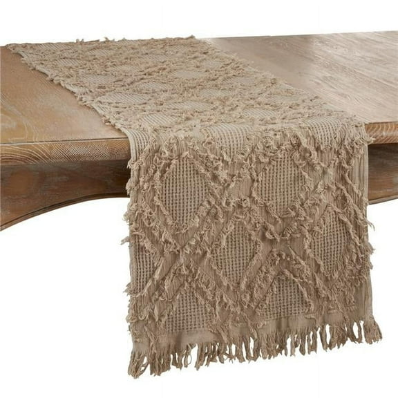 SARO 16 x 72 in. Oblong Waffle Weave Table Runner with Natural Fringe Design