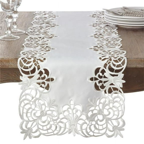 SARO  16 x 72 in. Rectangular Elegant Style Motif Embroidered Cutwork Design Table Runner - Ivory
