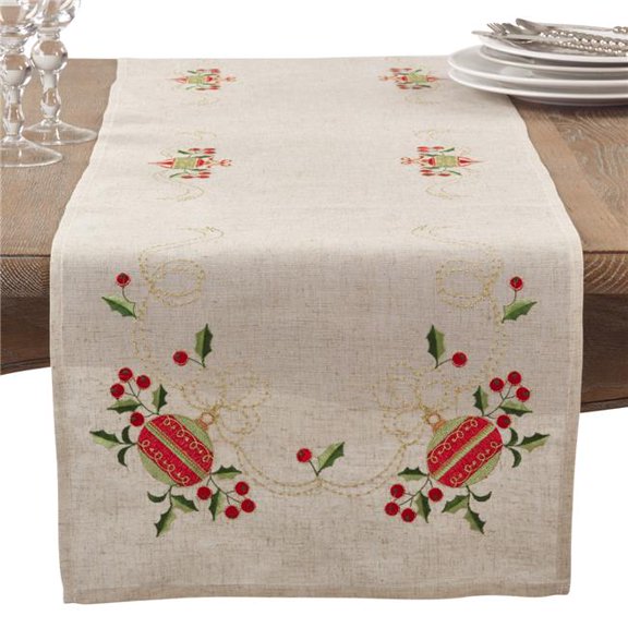 SARO  16 x 90 in. Embroidered Ornament Holly Design Holiday Linen Blend Table Runner - Natural