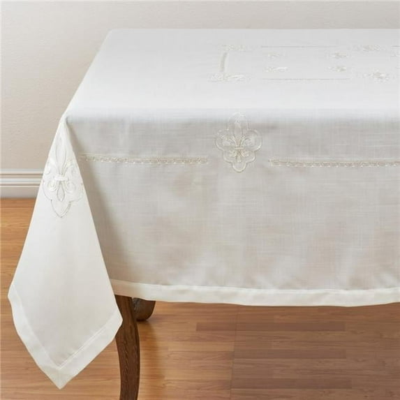 SARO 1681.I69S 69 in. Square Elegant Tablecloth with Embroidered Fleur-de-Lis Design - Ivory