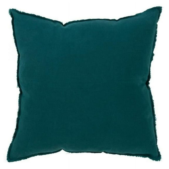SARO  18 in. Square Fringed Design Down Filled Linen Pillow - Jasper Green