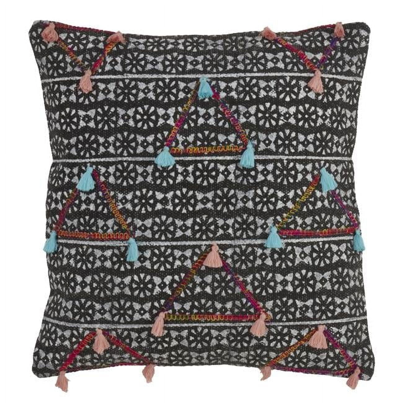 Geometric Black and Multi Embroidered Cotton Throw Pillow
