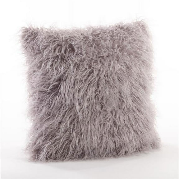 SARO  18 in. Square Mongolian Faux Fur Throw Pillow  Fog