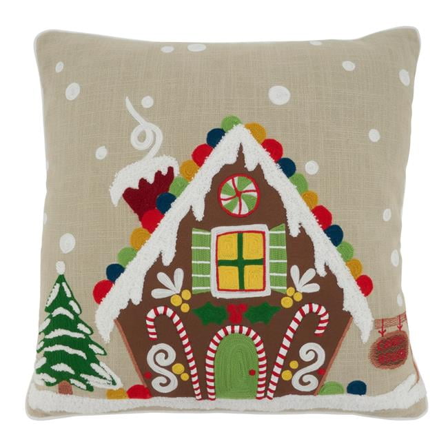 Natural Cotton Embroidered Gingerbread House Euro Pillow Cover