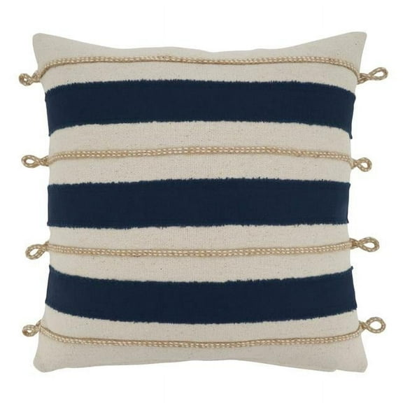 SARO 18 in. Square Navy Blue Rope Applique Throw Pillow with Poly Filling