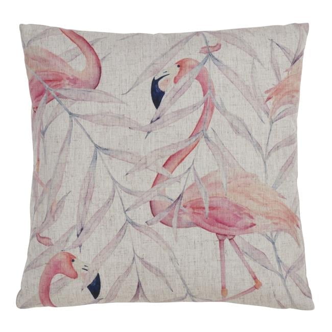 Beige and Pink Flamingo Print Square Throw Pillow