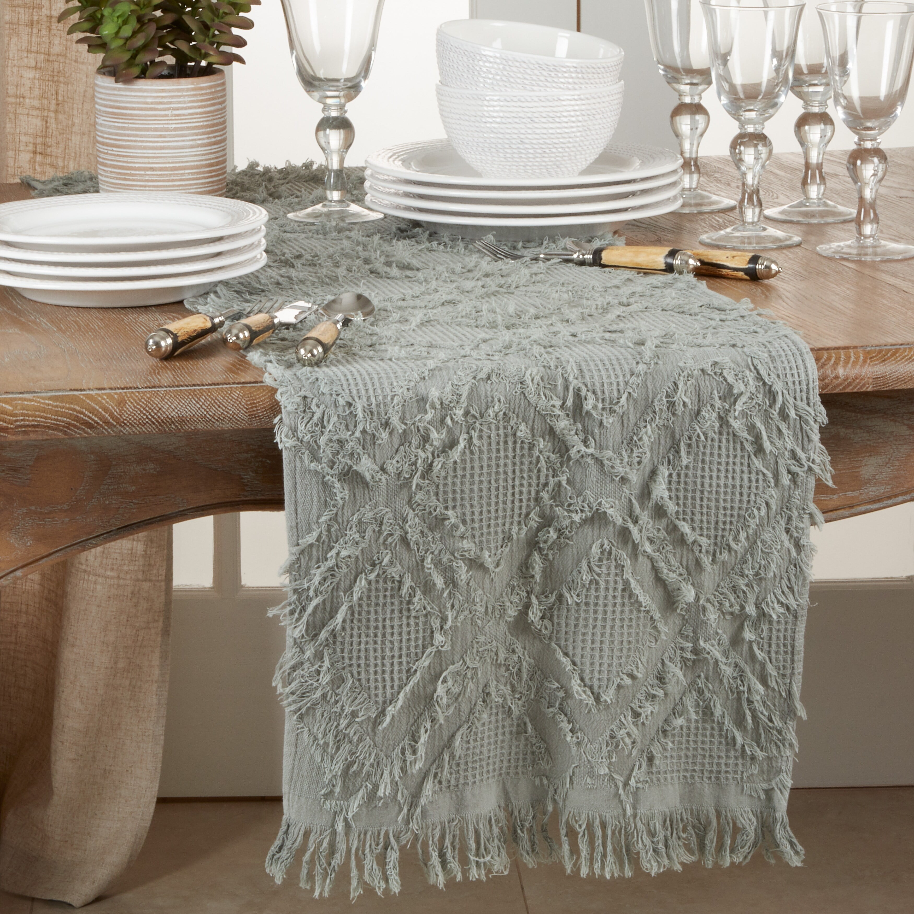 Gray Cotton Waffle Weave Fringed Table Runner