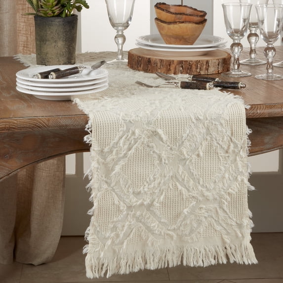 SARO 1877.I1672B 16 x 72 in. Oblong Waffle Weave Table Runner with Ivory Fringe Design
