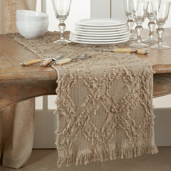 SARO 1877.N1672B 16 x 72 in. Oblong Waffle Weave Table Runner with Natural Fringe Design